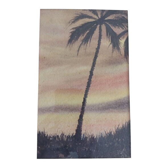 Tropical Palm Tree Watercolor Painting With Sunset Hues Island Beach Signed - Picture 2 of 6
